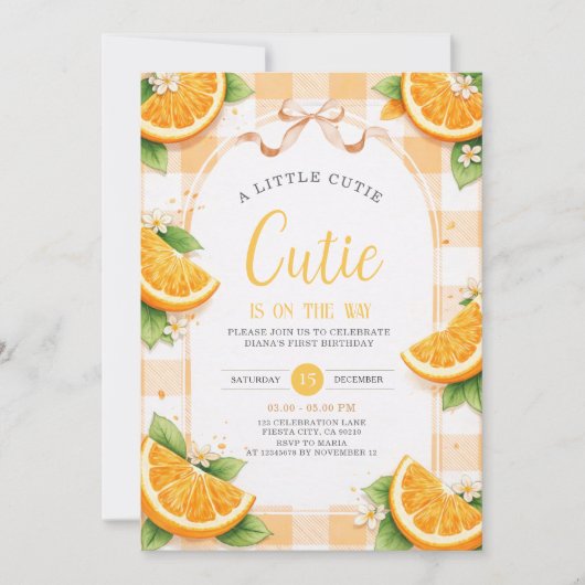 Oranje Citrus Eerste Verjaardagsfeest Uitnodiging (Voorkant)