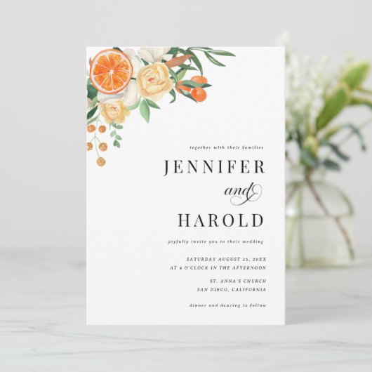 Oranje Citrus Floral Minimal Alles in één bruiloft Kaart (Staand voorkant)