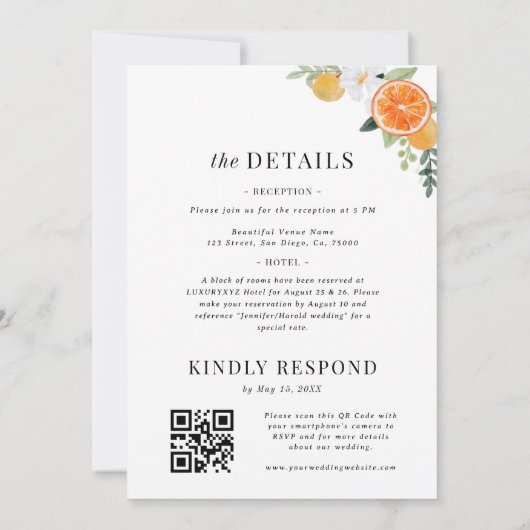 Oranje Citrus Floral Minimal Alles in één bruiloft Kaart (Achterkant)