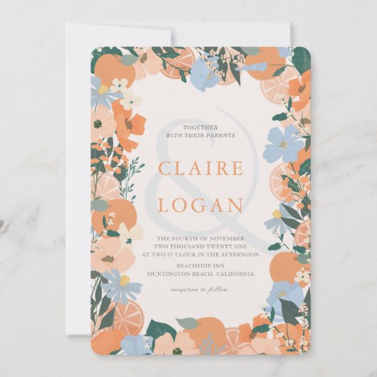 Oranje Citrus Floral Wedding Kaart (Voorkant)