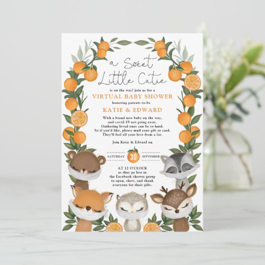 Oranje Citrus Forest Animals Virtual Baby shower Kaart (Staand voorkant)