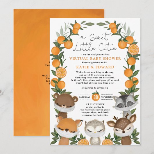 Oranje Citrus Forest Animals Virtual Baby shower Kaart (Voorkant / Achterkant)