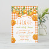 Oranje Citrus Gingham Little Cutie Baby shower Kaart (Staand voorkant)