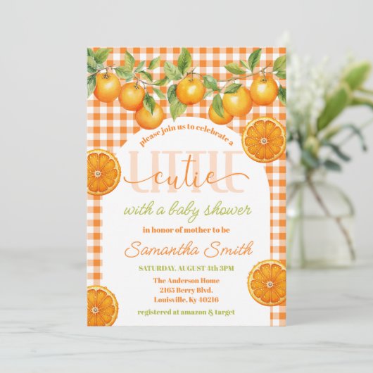 Oranje Citrus Gingham Little Cutie Baby shower Kaart (Staand voorkant)