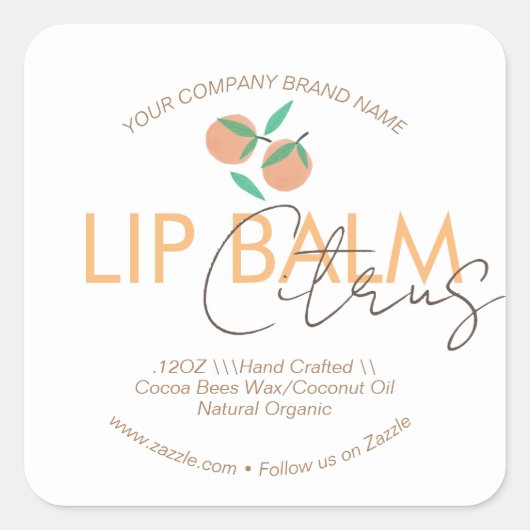 Oranje Citrus Lip Balm Business Packaging Vierkante Sticker (Voorkant)