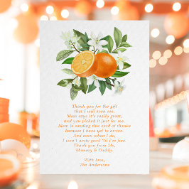 Oranje Citrus Little Cutie Baby shower Bedankkaart