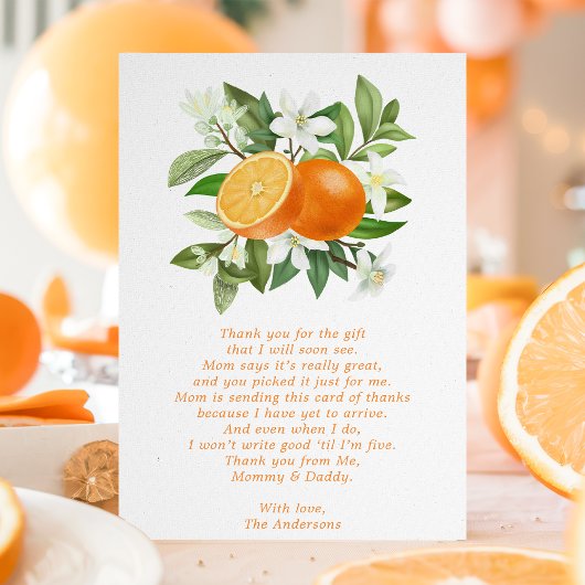 Oranje Citrus Little Cutie Baby shower Bedankkaart