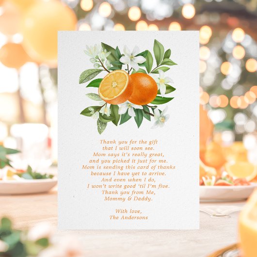 Oranje Citrus Little Cutie Baby shower Bedankkaart