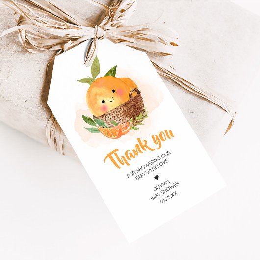 Oranje Citrus Little Cutie Baby shower Favoriet Ta Cadeaulabel