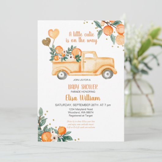 Oranje Citrus Little Cutie Baby shower Invitation Kaart (Staand voorkant)