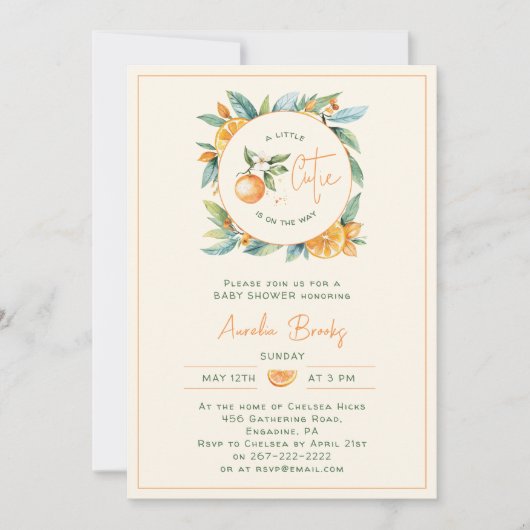 Oranje Citrus Little Cutie Baby shower Invitation Kaart (Voorkant)