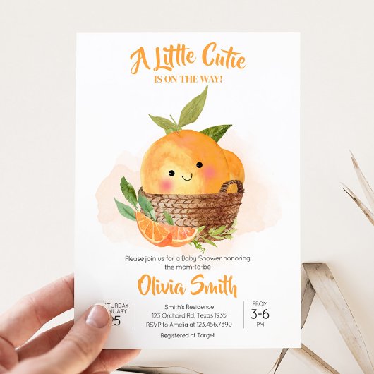Oranje Citrus Little Cutie Baby shower Kaart