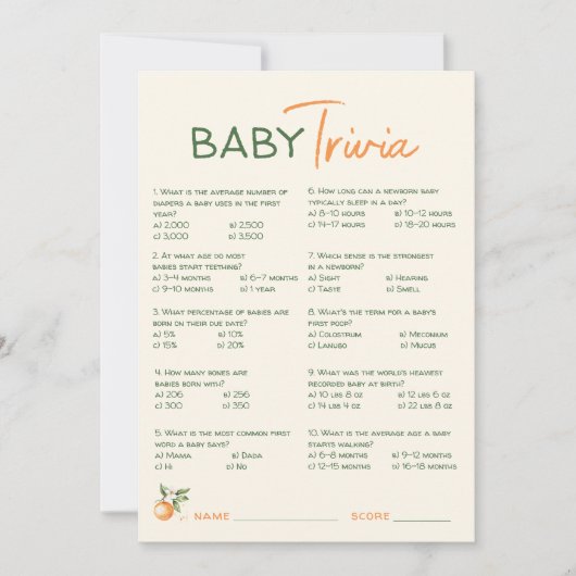Oranje Citrus Little Cutie Baby shower Trivia Kaar Kaart (Voorkant)