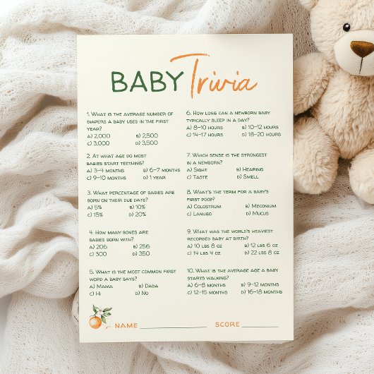 Oranje Citrus Little Cutie Baby shower Trivia Kaar Kaart
