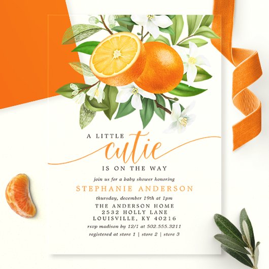 Oranje Citrus Little Cutie on the Way Baby shower Acryl Uitnodigingen