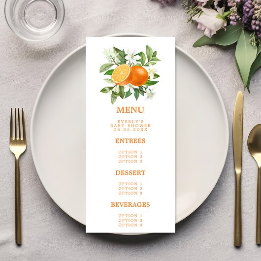 Oranje Citrus Little Cutie on the Way Baby shower Menu