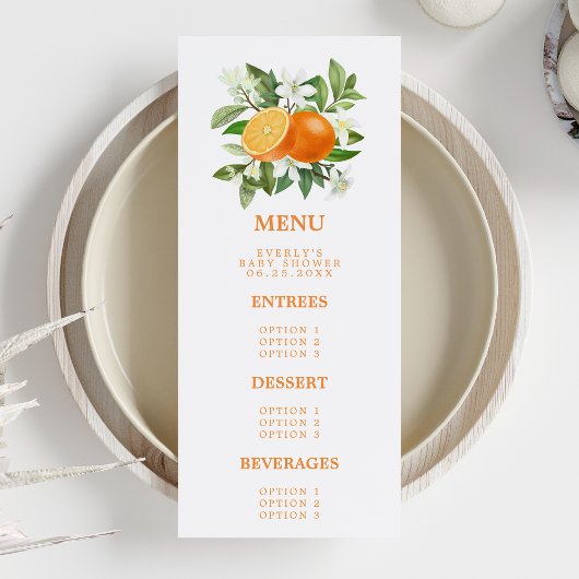 Oranje Citrus Little Cutie on the Way Baby shower Menu
