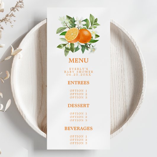 Oranje Citrus Little Cutie on the Way Baby shower Menu