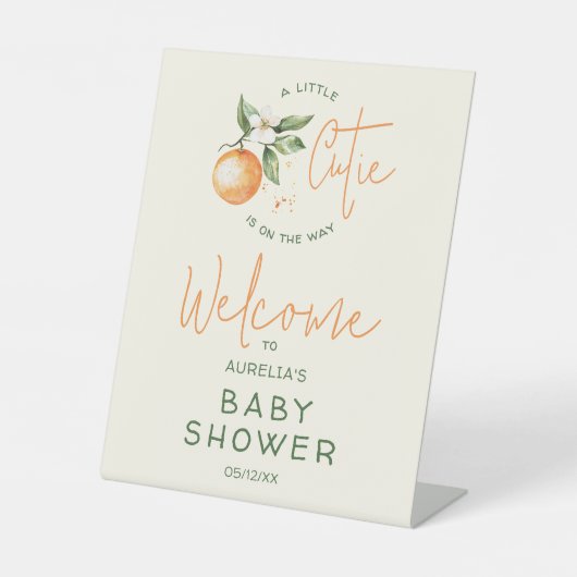 Oranje Citrus Little Cutie Welkom Baby shower Reclamebord Met Voetstuk (Voorkant)