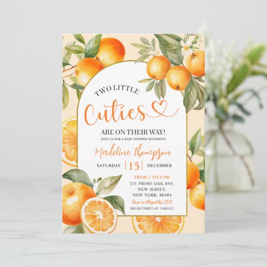 Oranje Citrus Summer Fruit Twin Baby shower Kaart (Staand voorkant)