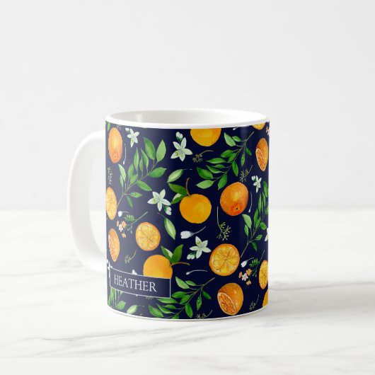 Oranje Citrus Zomer Bloemen Botanische Patroon Kof Koffiemok (Voorkant links)