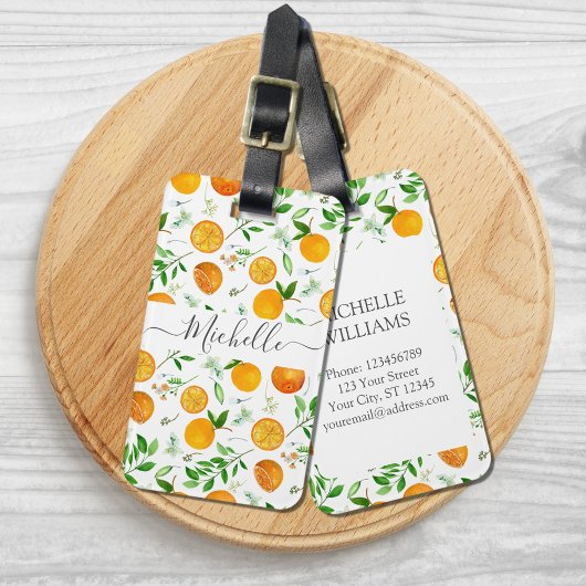 Oranje citrus zomerbloem botanisch patroon bagagelabel