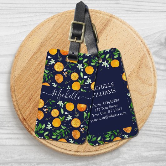 Oranje citrus zomerbloem botanisch patroon bagagelabel