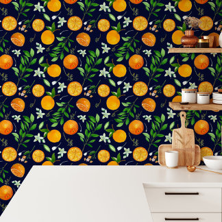 Oranje citrus zomerbloem botanisch patroon behang