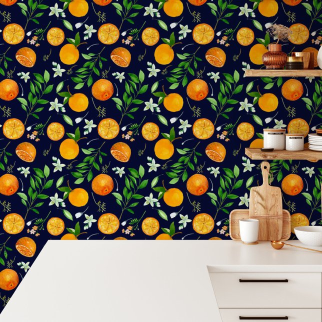 Oranje citrus zomerbloem botanisch patroon behang (In situ)