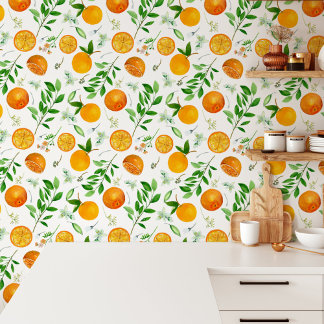 Oranje citrus zomerbloem botanisch patroon behang
