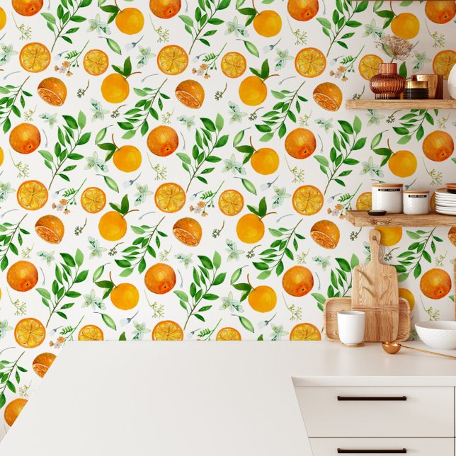 Oranje citrus zomerbloem botanisch patroon behang (In situ)