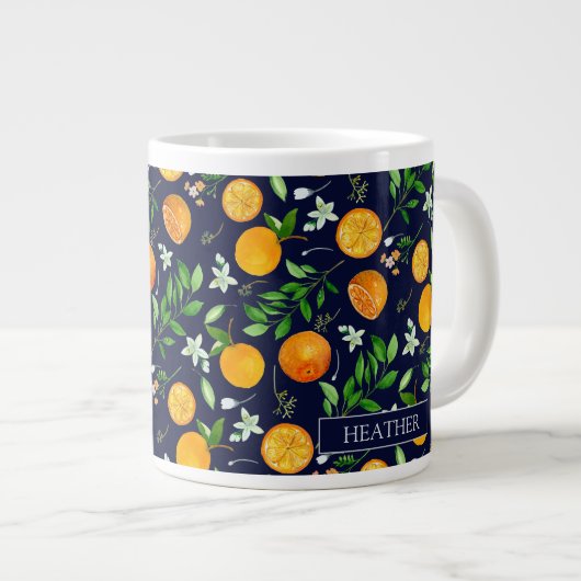 Oranje citrus zomerbloem botanisch patroon grote koffiekop (Voorkant rechts)