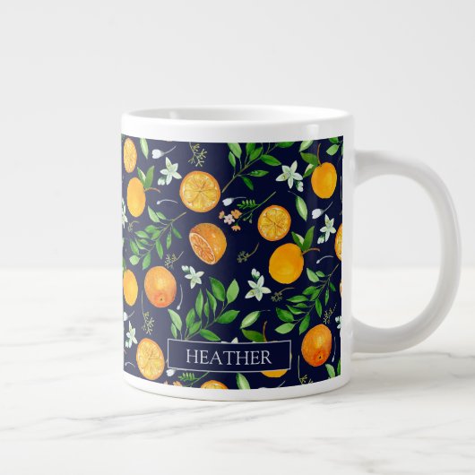 Oranje citrus zomerbloem botanisch patroon grote koffiekop (Rechts)