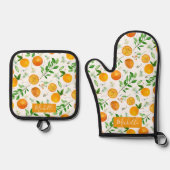 Oranje citrus zomerbloem botanisch patroon ovenwant & pannenlap set (Voorkant)