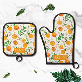 Oranje citrus zomerbloem botanisch patroon ovenwant & pannenlap set