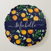 Oranje citrus zomerbloem botanisch patroon rond kussen (Voorkant)