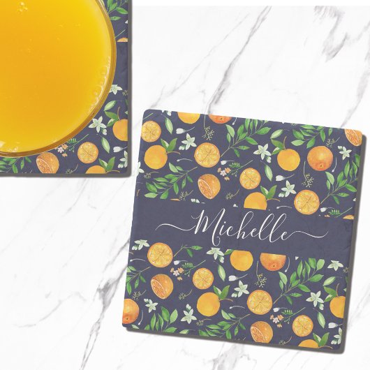 Oranje citrus zomerbloem botanisch patroon stenen onderzetter