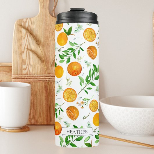 Oranje citrus zomerbloem botanisch patroon thermosbeker