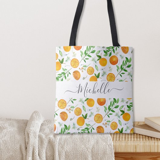 Oranje citrus zomerbloem botanisch patroon tote bag