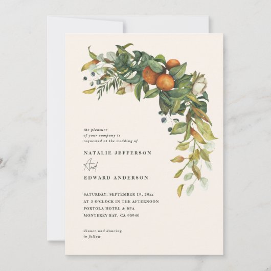 Oranje citrusgroene waterverf botanische bruiloft (Voorkant)