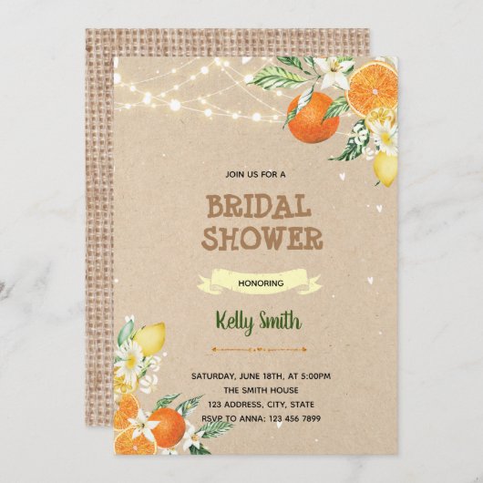 Oranje citrusthema doucheuitnodiging kaart (Voorkant / Achterkant)