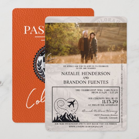 Oranje Colorado Passport Bruiloft Kaart (Voorkant / Achterkant)