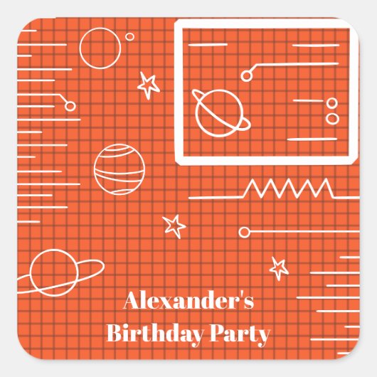 Oranje computerschermruimtevaartuig en ster vierkante sticker (Voorkant)