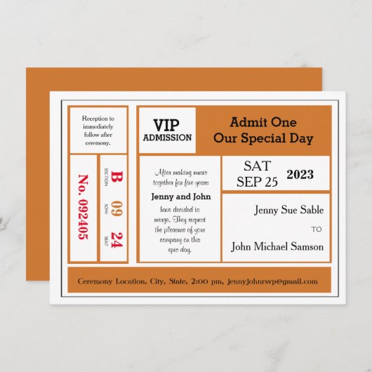 Oranje  Concertkaartje Trouwuitnodiging Kaart (Voorkant / Achterkant)