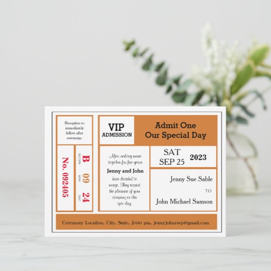 Oranje  Concertkaartje Trouwuitnodiging Kaart (Staand voorkant)