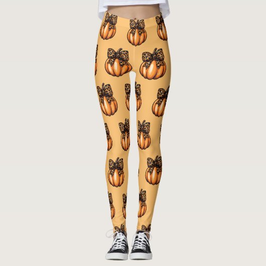 Oranje Coquette Herfst Halloween Leopart Pompoen Leggings (Voorkant)