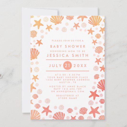 Oranje-Coral Zee Dingen Baby shower Uitnodiging (Voorkant)