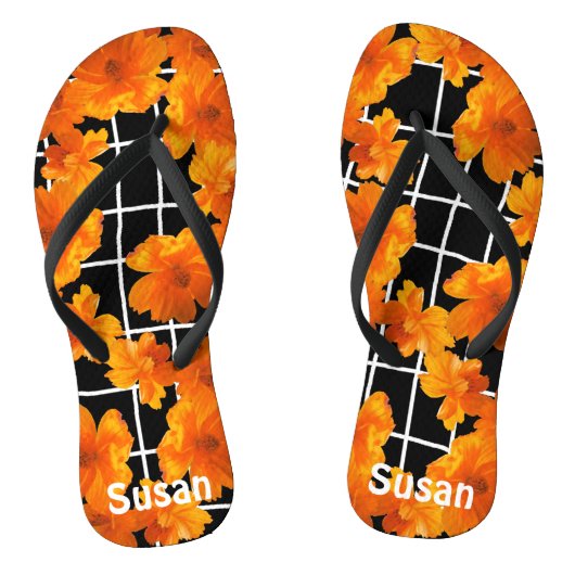 Oranje Cosmos Flower Graphic Black White Teenslippers (Voetbed)