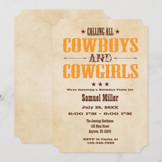 Oranje  Cowboy Birthday Uitnodiging (Voorkant / Achterkant)