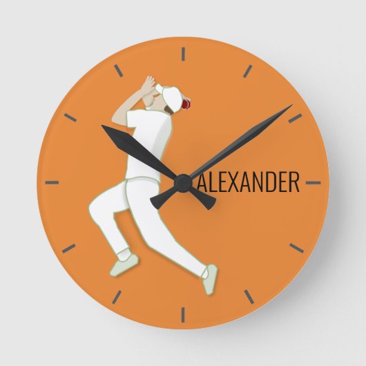 Oranje Cricketer Bowling Ronde Klok (Voorkant)